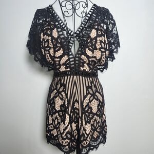 Akira Chicago Black Label Lace Romper Black Nude Illusion Crochet V Neck Boho M